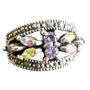 Vintage Sterling Silver 925 Ring With Purple & Yellow Gemstones Intricate Beaded